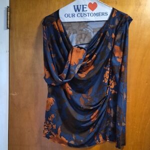 Simply Vera Vera Wang Navy Floral Cowl Neck Blouse with Rust Accents